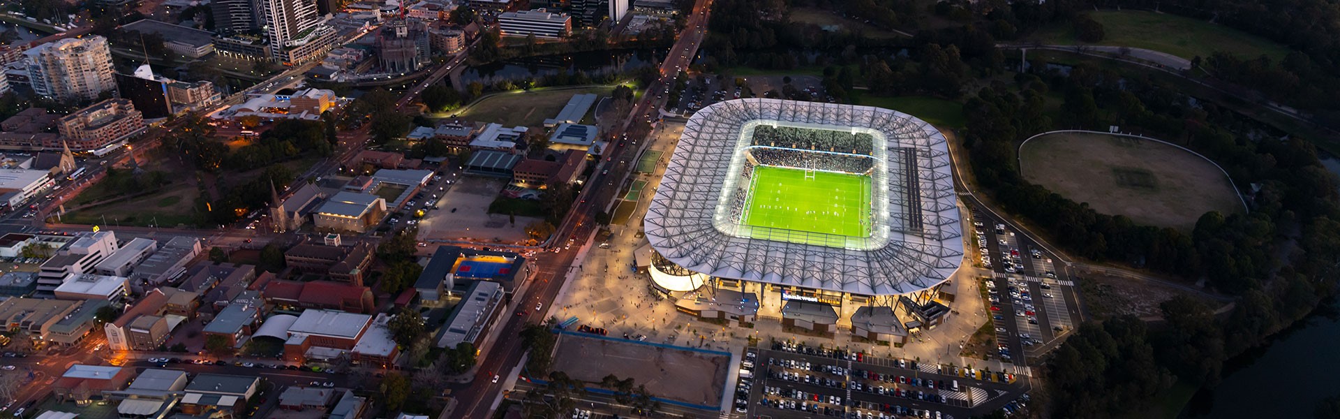 Aerial shot of CommBank Stadium (photo credit: Ethan Rohloff)