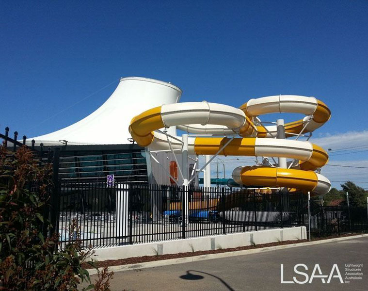Exterior View of the two inter-twined waterslides at Glen Eira Aquatic Centre