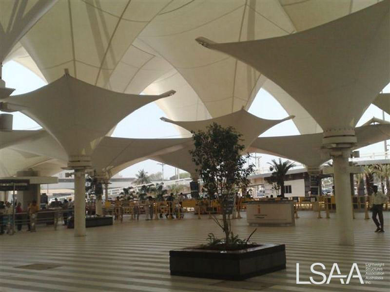 Underside View of the Inverted Tensioned Fabric Cones at Mumbai Arrival Plaza