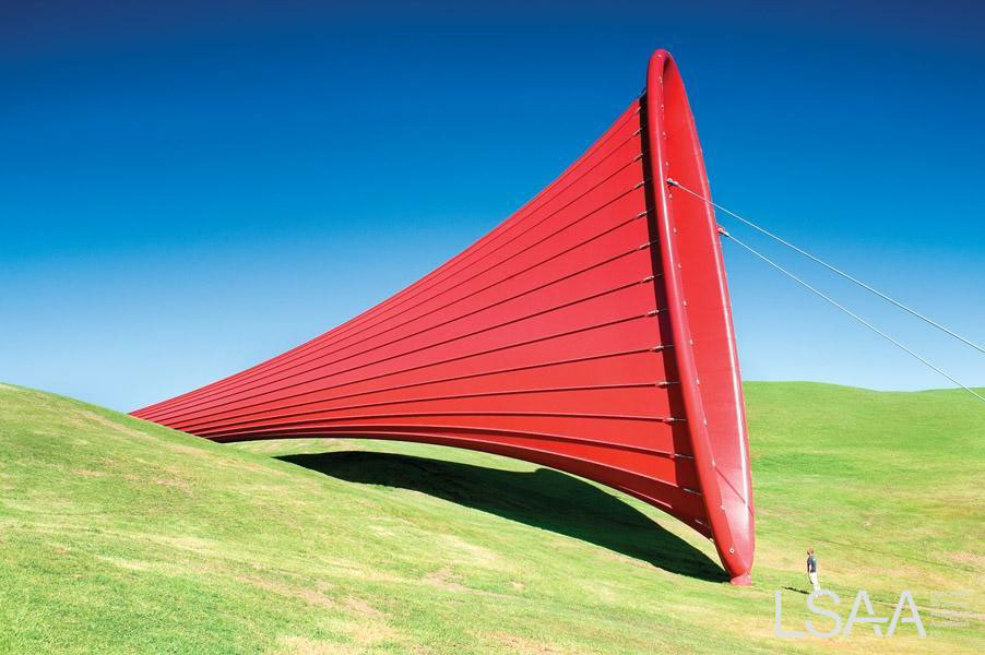 The Farm - Major Red Fabric Trumpet Sculpture by Anish Kapoor in New Zealand