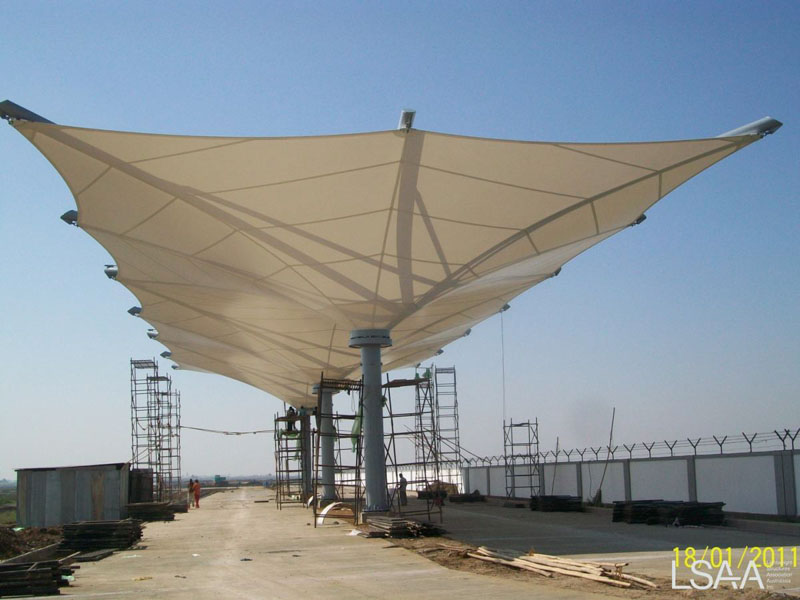 Inverted conical umbrella fabric structures for Panoli Gate House