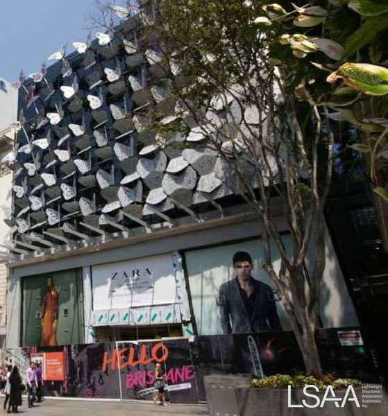 Laser Cut Butterflies on the 155 Queen Street Mall Façade